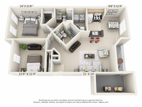 Floor plan for 2 beds, 2 baths, 1100 sqft